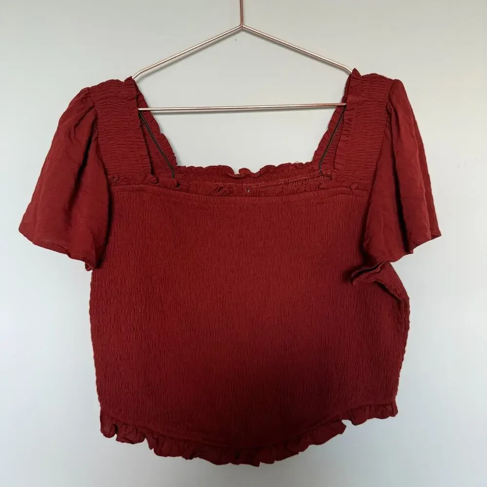 Torrid Womens Crop Top Size 1 Plus Smocked Flutter Sleeve Boho Forest Goblincore - Picture 2 of 6